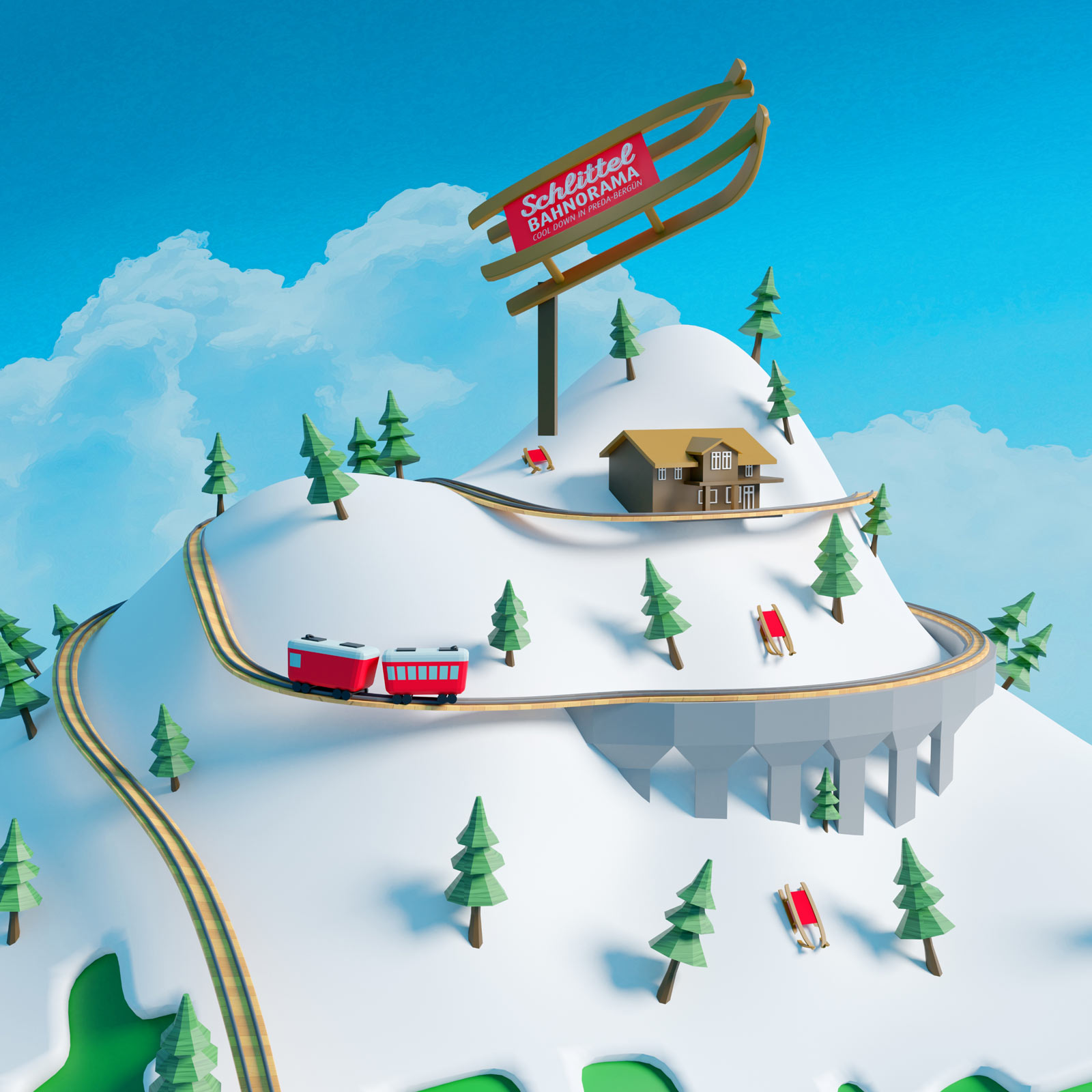3D-Illustration des Schlittel-Bahnorama: verschneiter Berg mit Zug der Rhätischen Bahn, Schlitten und grossem Schlittel-Bahnorama-Schild