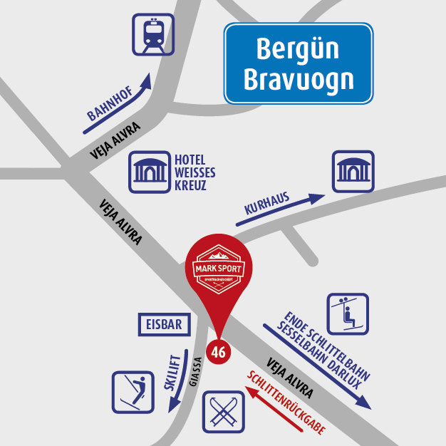 Ortsplan Bergün: Mark Sport an der Veja Alvra 46 mit Schlittenrückgabe, nahe Bahnhof, Eisbar und Ende der Schlittelbahn