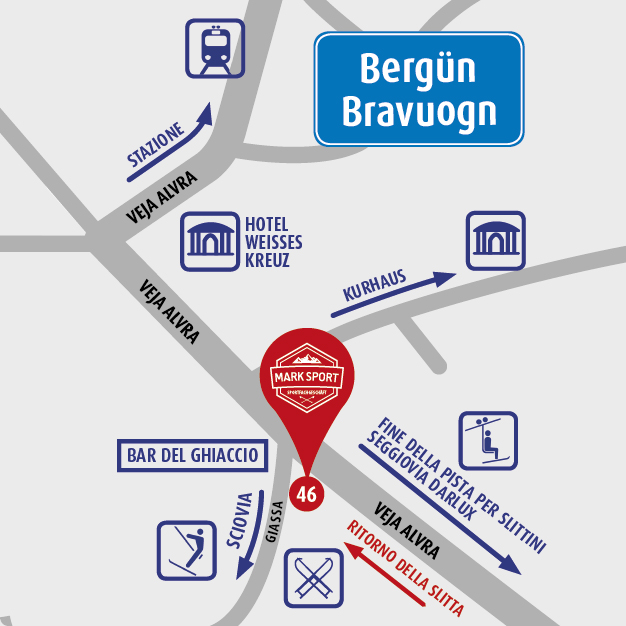 Mappa di Bergün: Mark Sport in Veja Alvra 46 con restituzione slitte, vicino alla stazione, all'ice bar e all'arrivo della pista