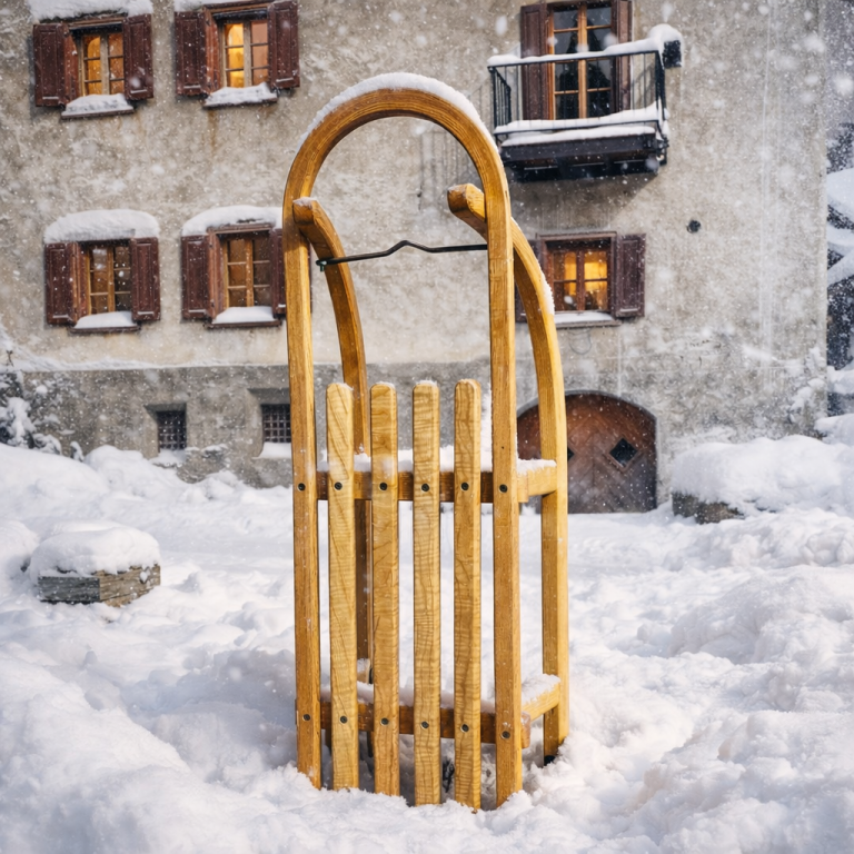 Original BERGÜNER Holzschlitten steht aufrecht im Schnee vor einem verschneiten Engadinerhaus in Bergün